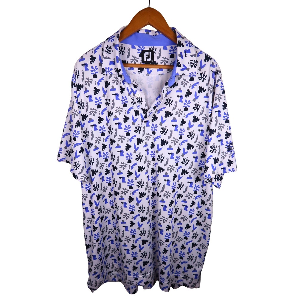 FootJoy FJ ProDry Mens XL Golf Polo Shirt Abstract Floral Print White Blue Grey